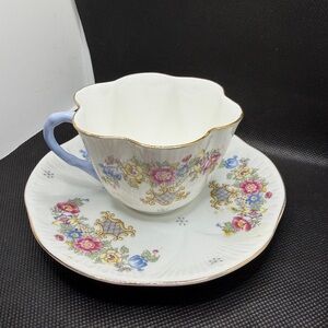 Shelley England Fine Bone China Teacup and Saucer Floral Gold Trim Blue Handle